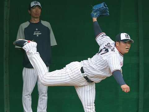 清水投手が初のブルペン入り